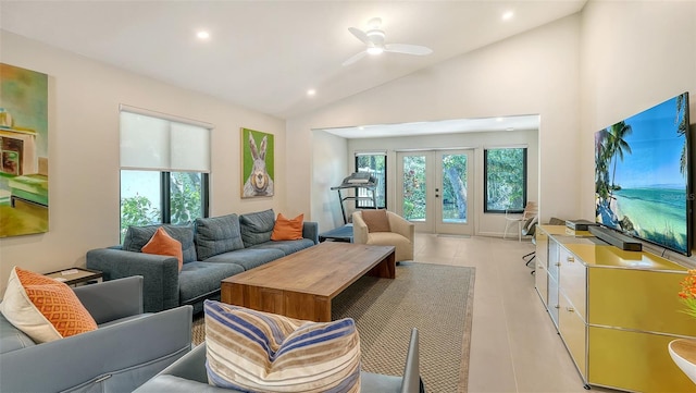 3605 Quail Hollow Ln, Bradenton, FL 34210 - living room with vaulted ceiling, french doors, a healthy amount of sunlight, and recessed lighting