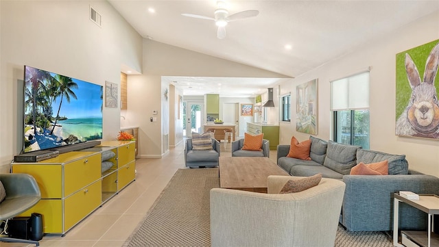 3605 Quail Hollow Ln, Bradenton, FL 34210 - living area featuring lofted ceiling, a ceiling fan, visible vents, and plenty of natural light