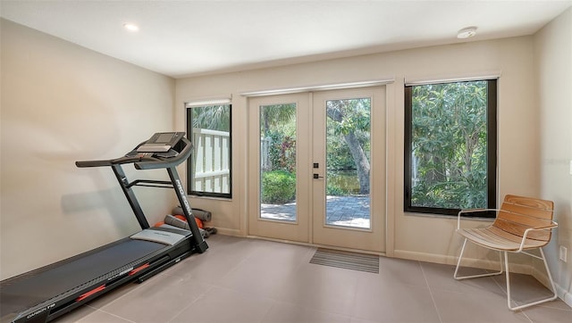 3605 Quail Hollow Ln, Bradenton, FL 34210 - workout area featuring baseboards, french doors, visible vents, and recessed lighting