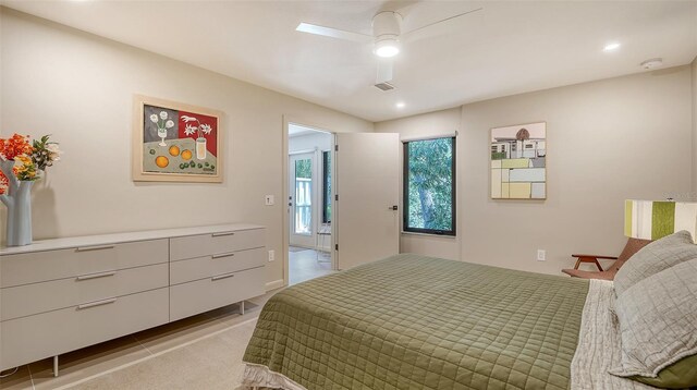 3605 Quail Hollow Ln, Bradenton, FL 34210 - bedroom with a ceiling fan, recessed lighting, light tile patterned floors, and visible vents
