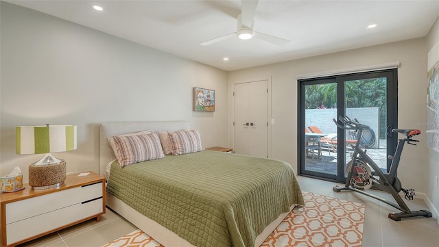 3605 Quail Hollow Ln, Bradenton, FL 34210 - bedroom with recessed lighting, a ceiling fan, light tile patterned floors, and access to exterior