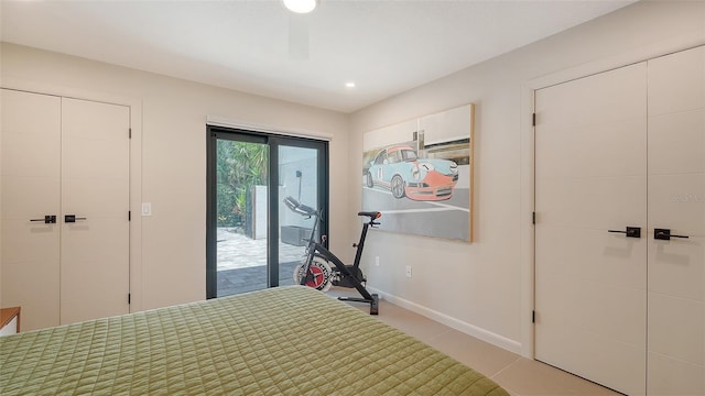 3605 Quail Hollow Ln, Bradenton, FL 34210 - bedroom featuring access to outside, baseboards, light tile patterned floors, and recessed lighting