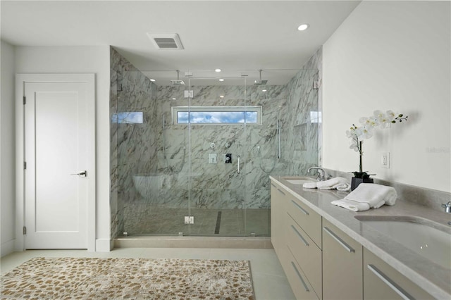 2590 Floyd St, Sarasota, FL 34239 - full bath featuring a marble finish shower, double vanity, and recessed lighting