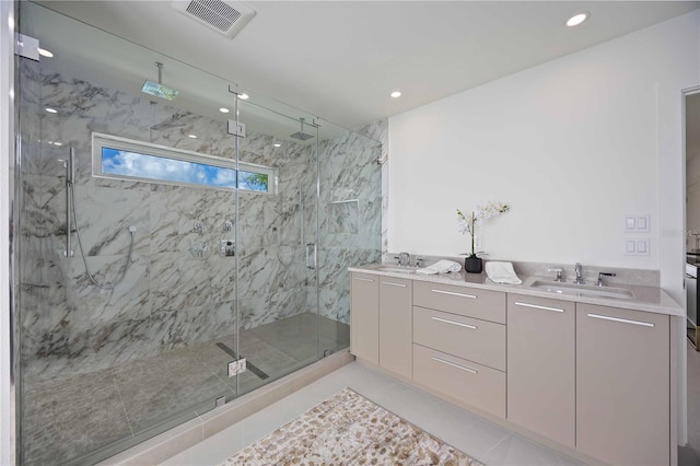 2590 Floyd St, Sarasota, FL 34239 - full bath featuring a sink, a marble finish shower, recessed lighting, and tile patterned floors