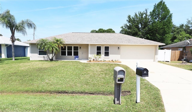 2521 Tamarind Dr, Edgewater, FL 32141 - ranch-style house with fence, concrete driveway, an attached garage, and a front lawn