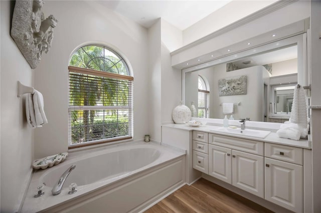 bathroom with plenty of natural light, a garden tub, vanity, and wood finished floors