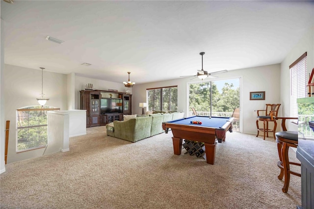 rec room featuring light colored carpet, healthy amount of natural light, and billiards table