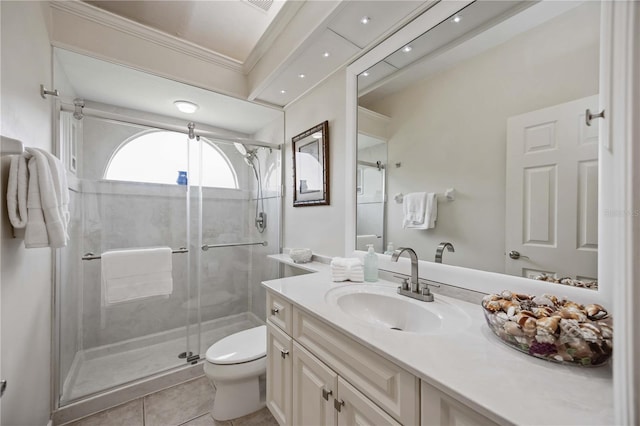 full bathroom with toilet, a stall shower, vanity, tile patterned flooring, and ornamental molding