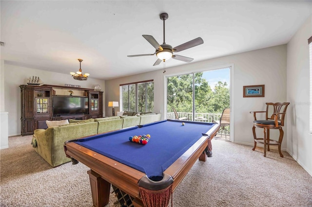 recreation room with light colored carpet, billiards table, and ceiling fan