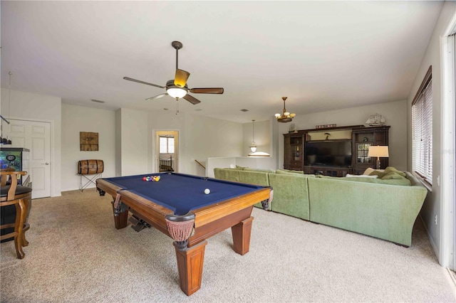 game room with carpet floors, healthy amount of natural light, ceiling fan, and pool table