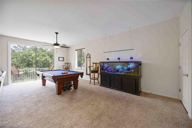 game room with carpet, pool table, ceiling fan, and baseboards
