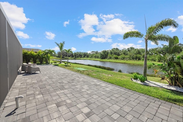 exterior space with a water view