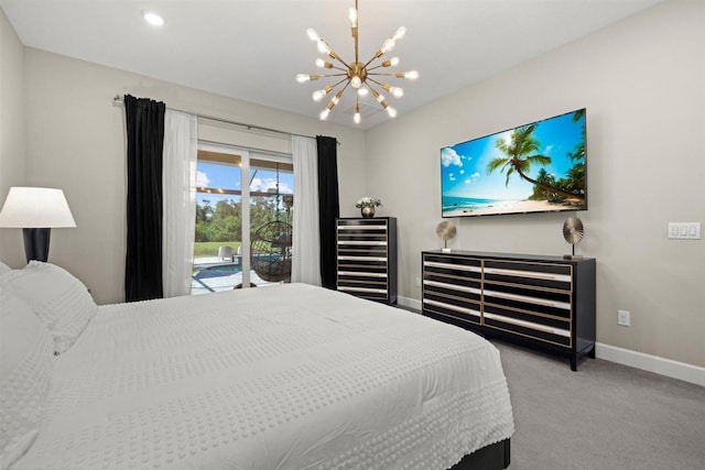 bedroom featuring an inviting chandelier, wine cooler, access to exterior, baseboards, and carpet flooring