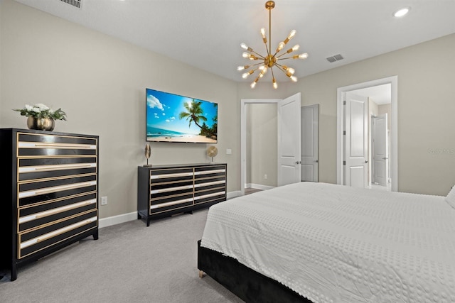 bedroom featuring visible vents, baseboards, recessed lighting, a chandelier, and carpet
