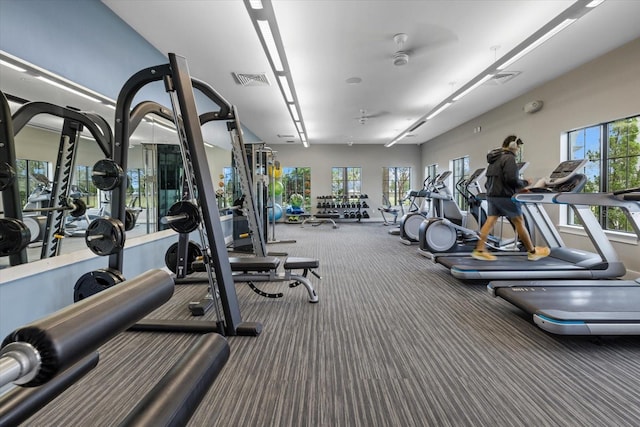 workout area with visible vents and carpet flooring