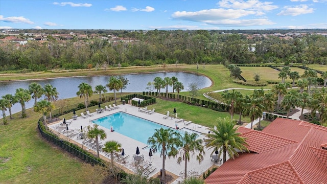 drone / aerial view featuring a water view
