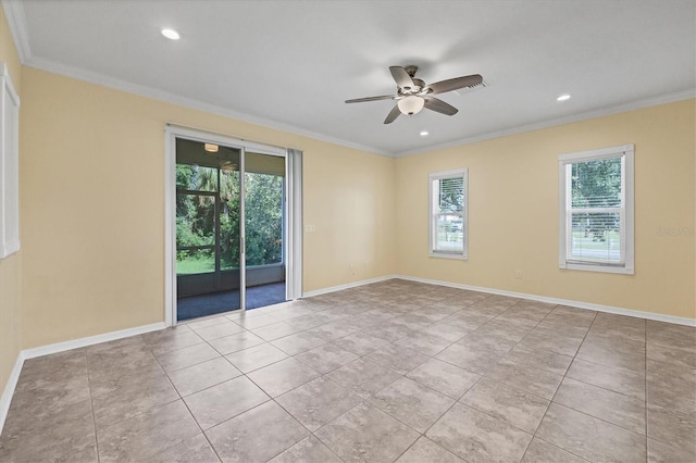 tiled spare room with recessed lighting, a ceiling fan, and ornamental molding