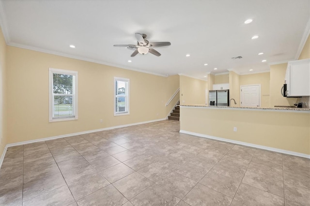 unfurnished living room with ceiling fan, visible vents, crown molding, light tile patterned floors, and recessed lighting