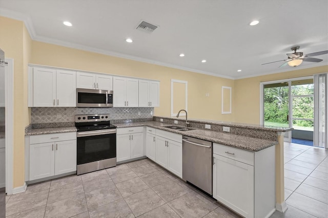kitchen with a sink, appliances with stainless steel finishes, a peninsula, and ornamental molding