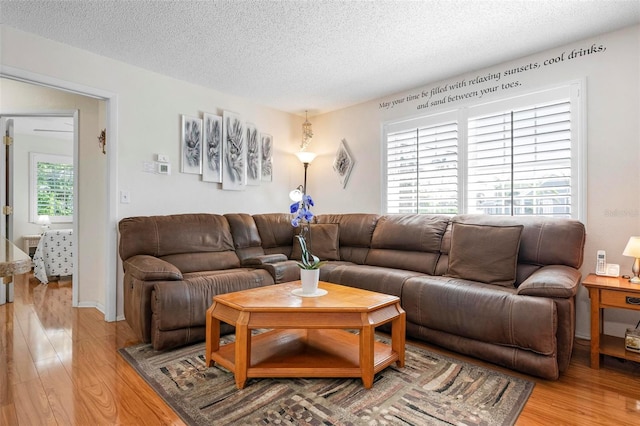 living area with a textured ceiling and light wood-style floors
