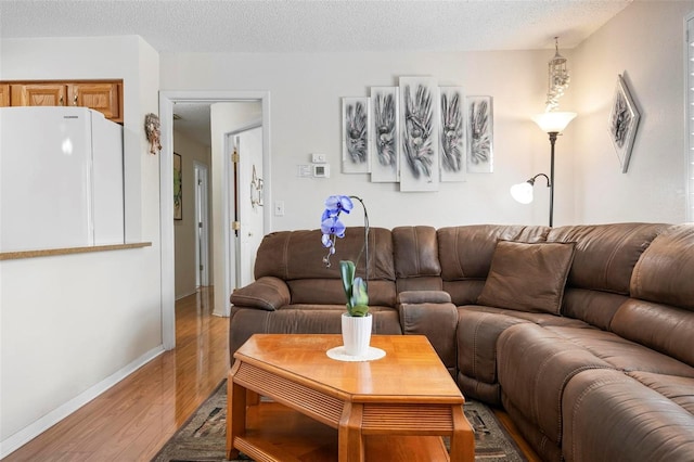 living room with a textured ceiling, baseboards, and light wood-style floors