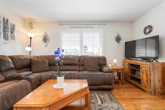 living area with a textured ceiling and light wood-type flooring
