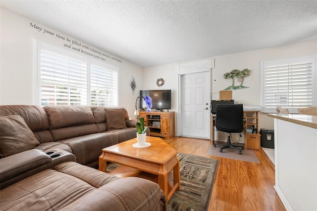 living room featuring a textured ceiling and light wood-type flooring