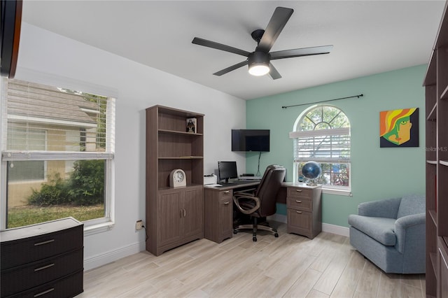 office space with ceiling fan, baseboards, and light wood finished floors