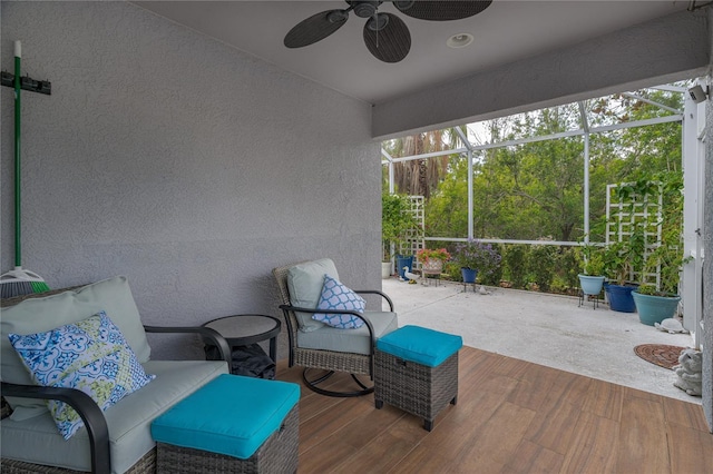 5209 Lansdowne Way, Palmetto, FL 34221 - sunroom featuring ceiling fan and lofted ceiling