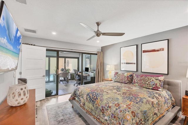 bedroom with ceiling fan, access to exterior, recessed lighting, wood finished floors, and visible vents