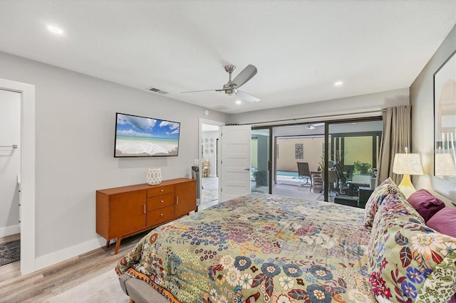 bedroom with visible vents, access to exterior, light wood-type flooring, baseboards, and recessed lighting