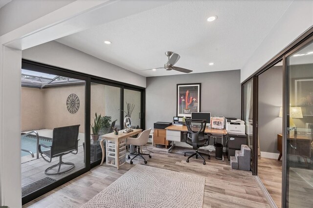 office area with ceiling fan, recessed lighting, and wood finished floors