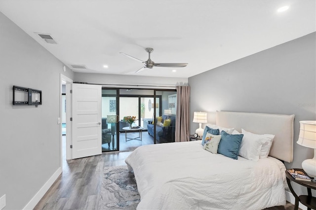 3955 Glen Oaks Manor Dr, Sarasota, FL 34232 - bedroom with access to outside, wood finished floors, recessed lighting, and a ceiling fan