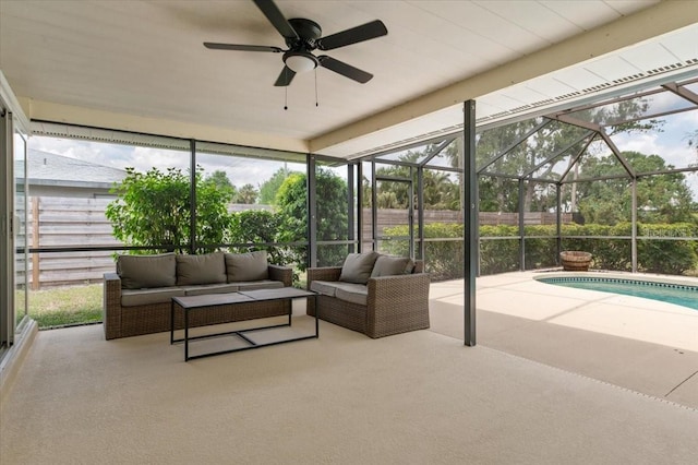 sunroom with an outdoor hangout area and a ceiling fan