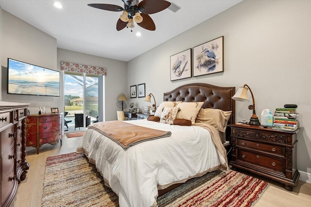 9012 Province St, Sarasota, FL 34240 - bedroom featuring access to exterior, light wood-type flooring, recessed lighting, and a ceiling fan