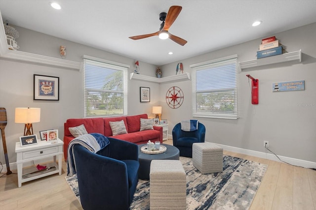 9012 Province St, Sarasota, FL 34240 - living area with ceiling fan, light wood-type flooring, baseboards, and recessed lighting