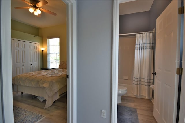 bedroom with a ceiling fan, wood finished floors, ensuite bathroom, and a closet