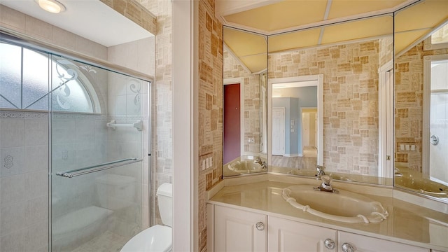 bathroom with vanity, a shower stall, and toilet