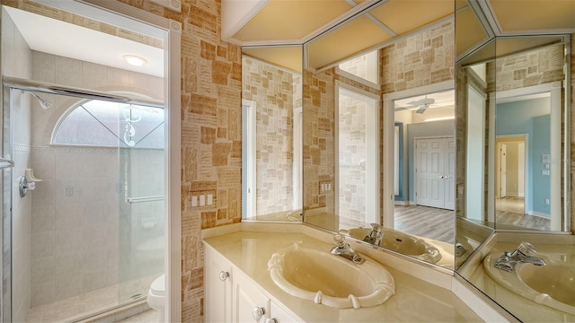 bathroom featuring vanity, a shower stall, and toilet