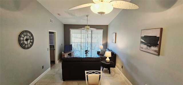 4415 45th Ave W Unit 203, Bradenton, FL 34210 - living area with vaulted ceiling, baseboards, a ceiling fan, and visible vents