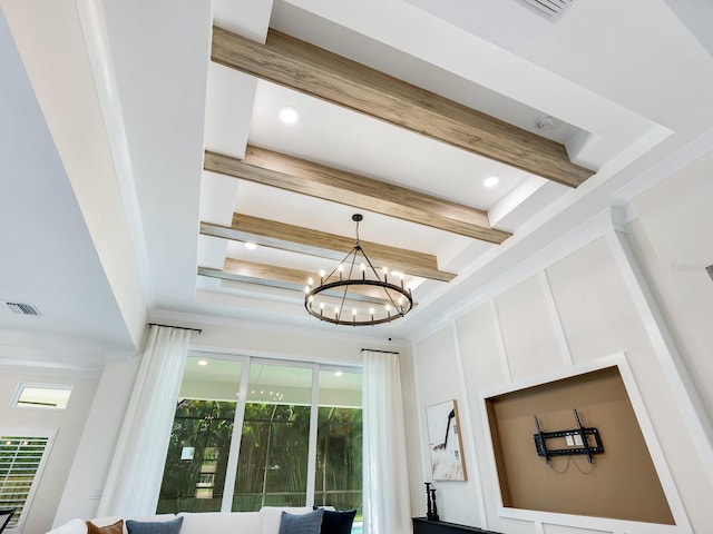 2246 Webber St, Sarasota, FL 34239 - detailed view of beamed ceiling, a chandelier, and crown molding
