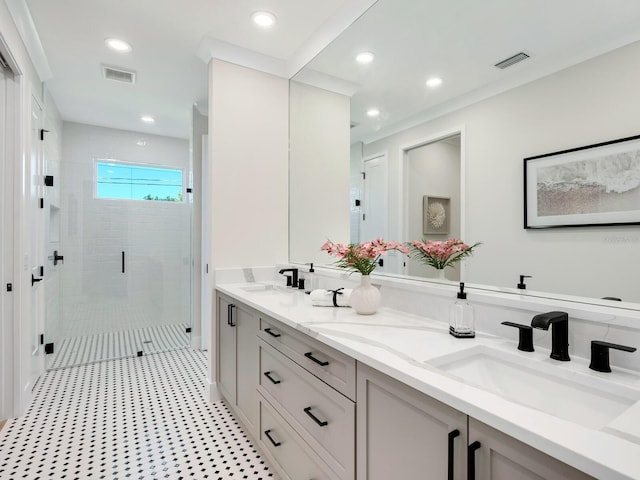 2246 Webber St, Sarasota, FL 34239 - full bathroom with a shower stall, double vanity, and recessed lighting