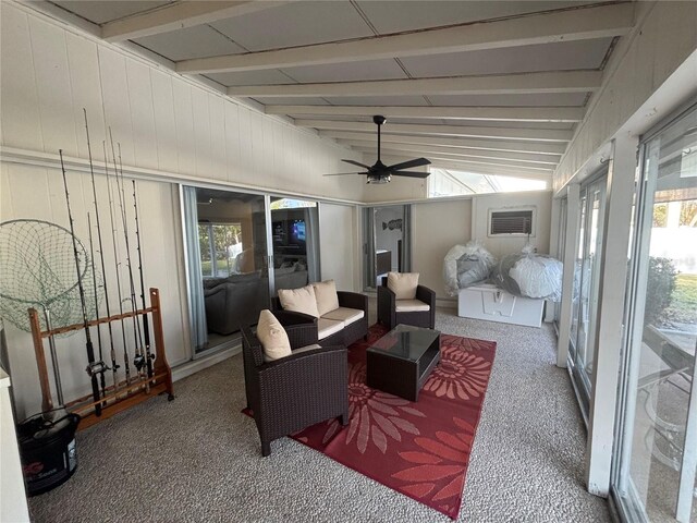 4411 Dolphin Ln, Palmetto, FL 34221 - sunroom / solarium with beamed ceiling, outdoor lounge area, a ceiling fan, and visible vents