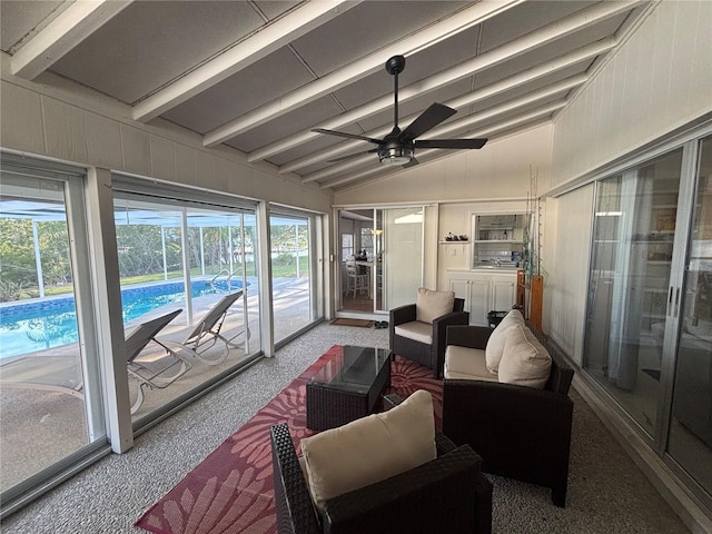 4411 Dolphin Ln, Palmetto, FL 34221 - sunroom / solarium featuring ceiling fan, outdoor lounge area, and beam ceiling