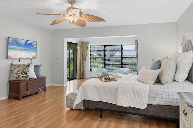 7374 Royal Birkdale Dr Unit 15D, Sarasota, FL 34238 - bedroom with access to outside, a ceiling fan, baseboards, and light wood-type flooring