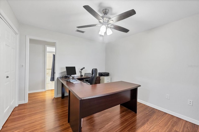 7374 Royal Birkdale Dr Unit 15D, Sarasota, FL 34238 - office area with a ceiling fan, baseboards, visible vents, and wood finished floors