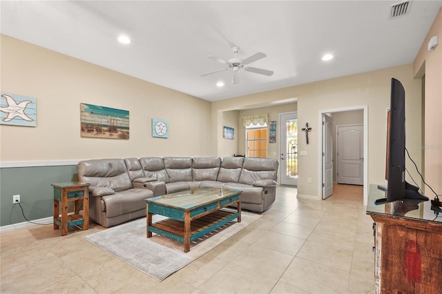 27243 Ipswich Dr, Englewood, FL 34223 - living room with visible vents, a ceiling fan, baseboards, and recessed lighting