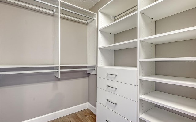 walk in closet with wood finished floors