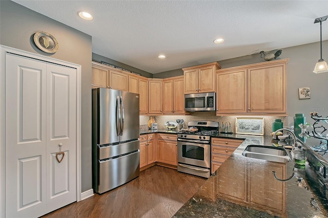 12133 Forest Park Cir, Bradenton, FL 34211 - kitchen featuring appliances with stainless steel finishes, a sink, dark wood-style floors, decorative backsplash, and dark stone countertops