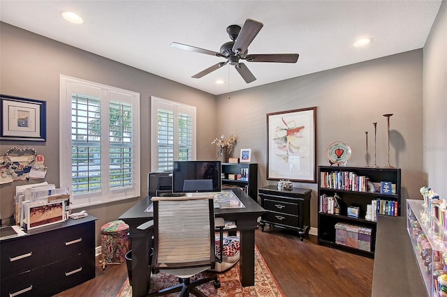 12133 Forest Park Cir, Bradenton, FL 34211 - office space featuring ceiling fan, dark wood finished floors, recessed lighting, and baseboards